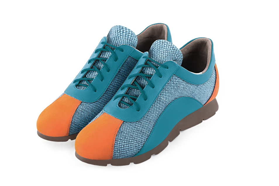 Apricot orange and peacock blue women's two-tone elegant sneakers. Round toe. Flat rubber soles. Front view - Florence KOOIJMAN